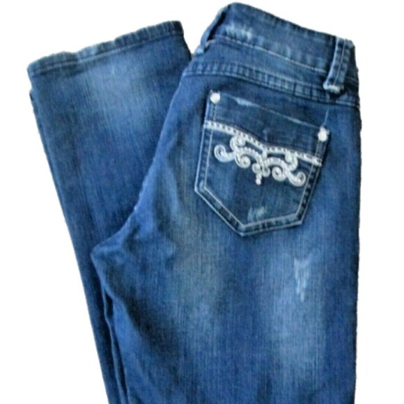 Liuces Distressed Womens Jeans Size 5 Denim Rhinestone Pockets Pants Juniors - Picture 2 of 11